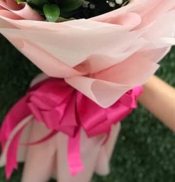 Pink roses bouquet with bouvardia flowers wrapped in pink paper N view 3