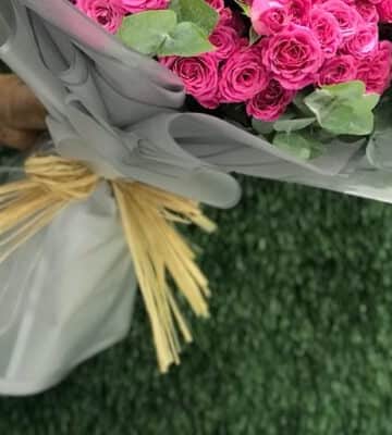 Fuchsia roses bouquet with eucalyptus N view 3