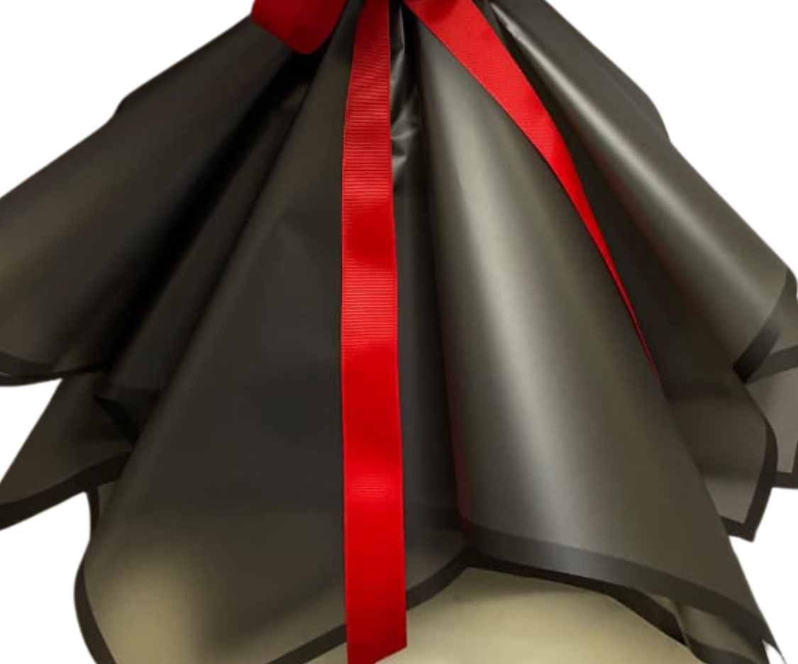 A bouquet of red roses with a black wrapper view 3