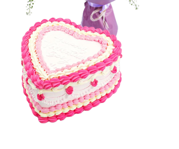 Pink Rose Bouquet with Purple Wrap and Cake view 3