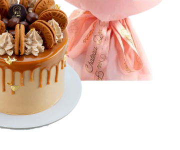Peach Hand Bouquet Rose and Cake view 3