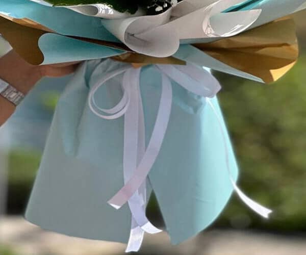 Blue hydrangea hand bouquet view 3