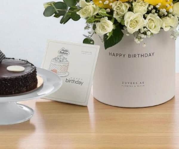 Sunshine Snowflakes Birthday Box with Chocolate Cake – Yellow White Rose Floral Gift Set view 13