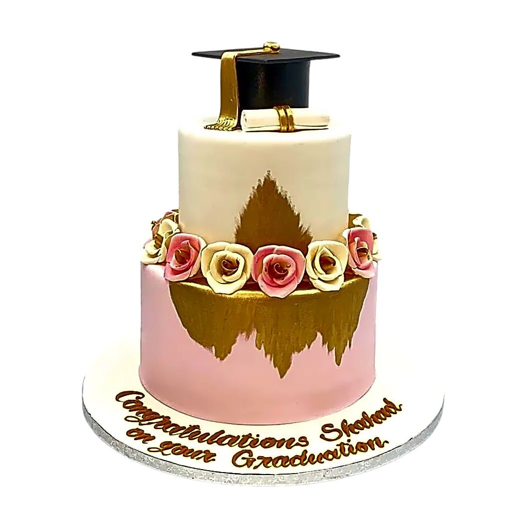 Pink and Gold Graduation Cake view 1
