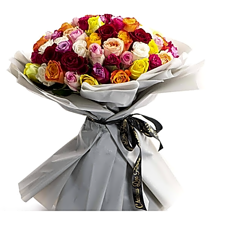 Mixed rose bouquet with gray wrapping view 1