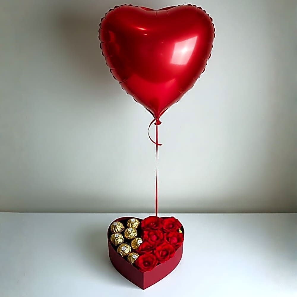 Heart Box Roses Chocolates with Balloon view 1
