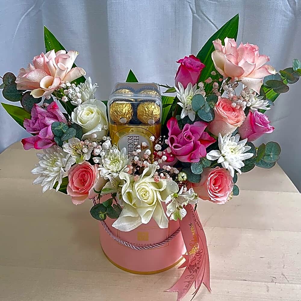 "Moonlight Blossom Box | Crescent Rose Chrysanthemum Design with Ferrero Chocolates – Birthday Gift" view 1