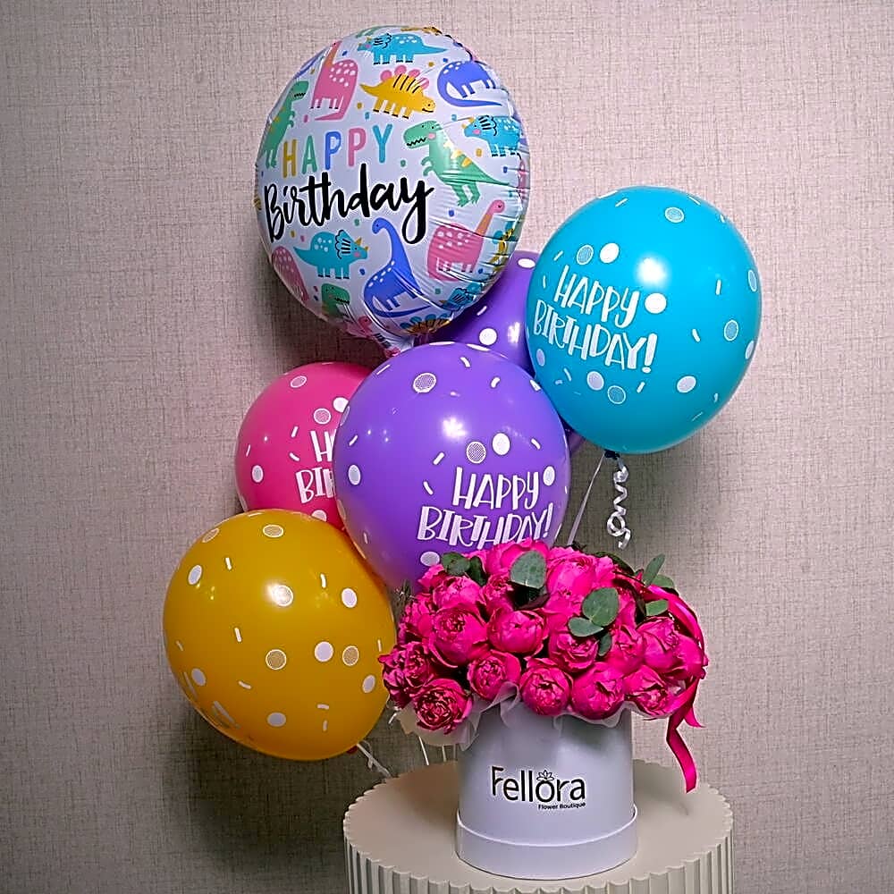 6 Birthday Dots Sprinkles Latex Balloons, 1 Birthday Foil Balloon, and 1 Pink Peony Roses Flower Box-5732 view 1