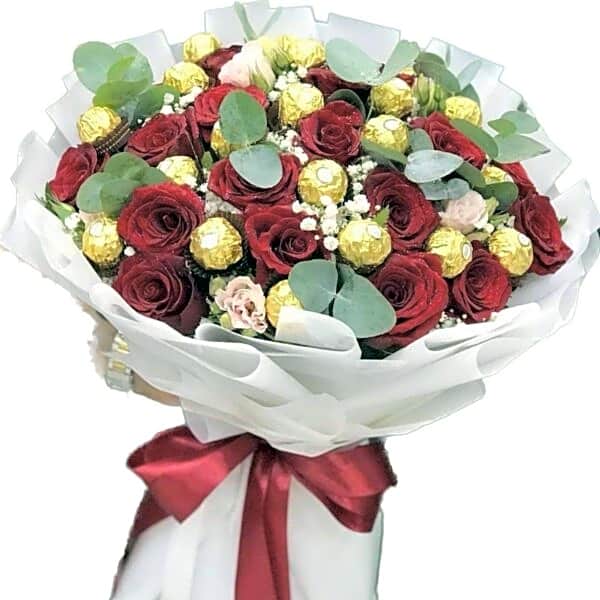 Red roses bouquet with chocolate beads N view 1