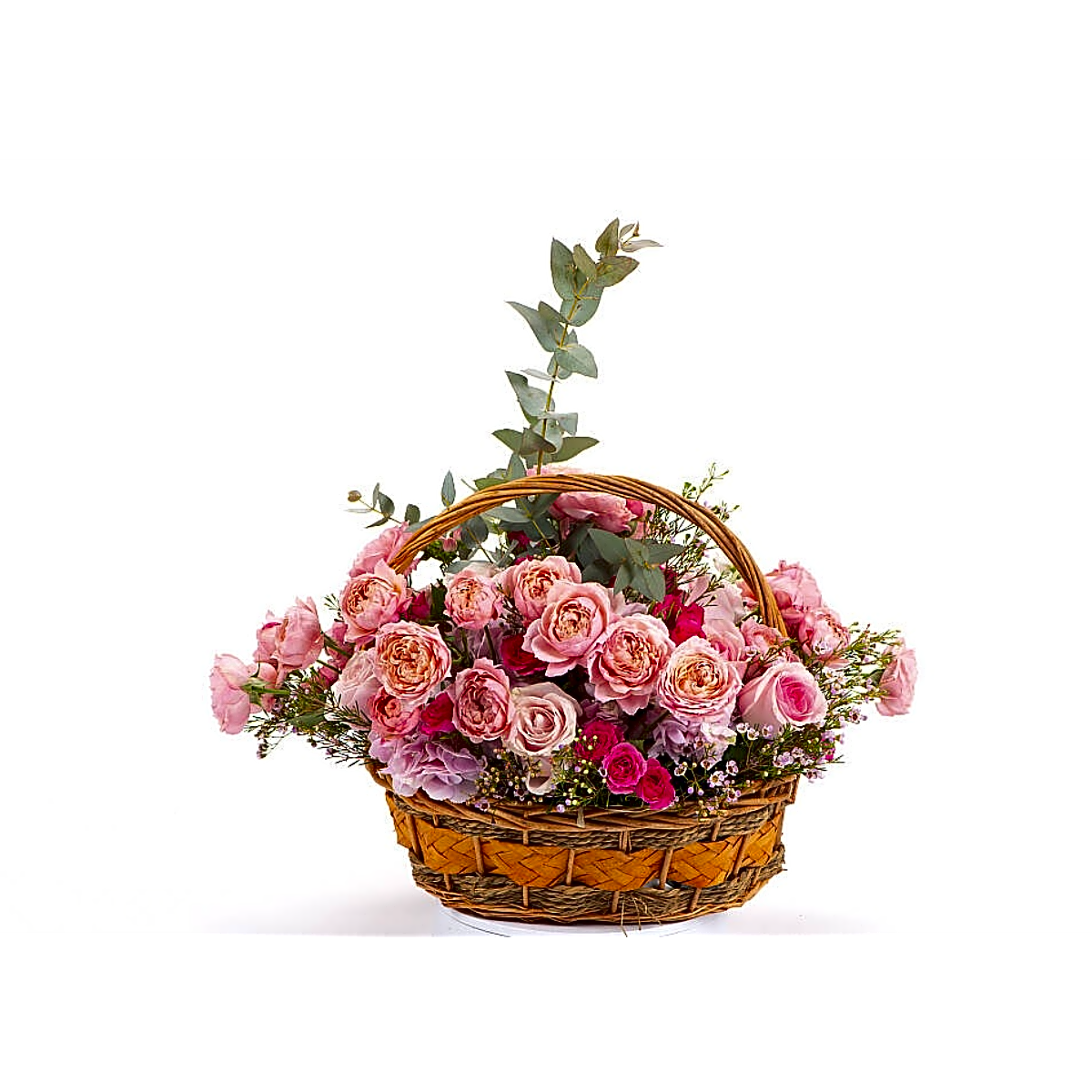 Pink basket arrangement. view 1