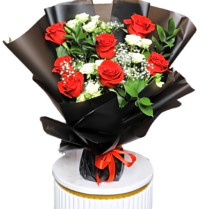 A bouquet of red and white roses view 1