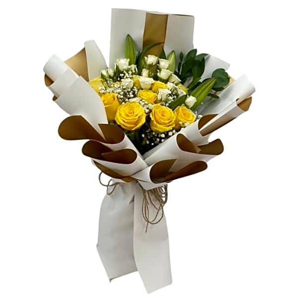 Yellow rose bouquet with gypsum seeds view 1