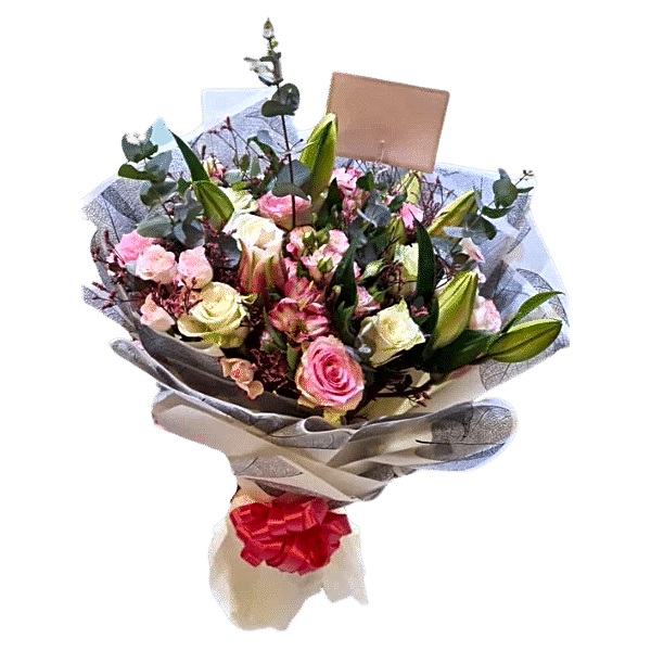A bouquet of white and pink roses view 1