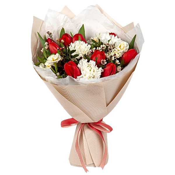 New Day Bouquet/red tulips and white roses view 1