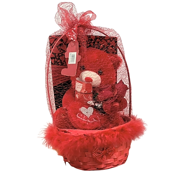 Red teddy bear basket view 1