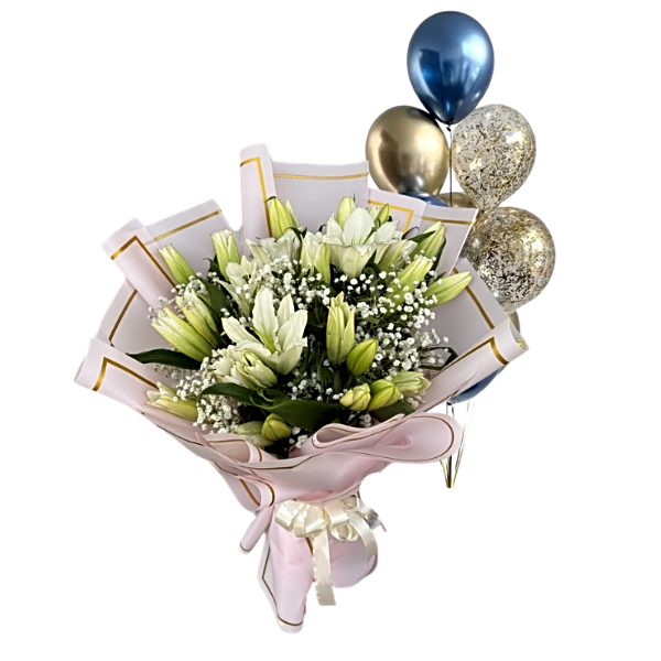 A bouquet of white tulips with a balloon view 1