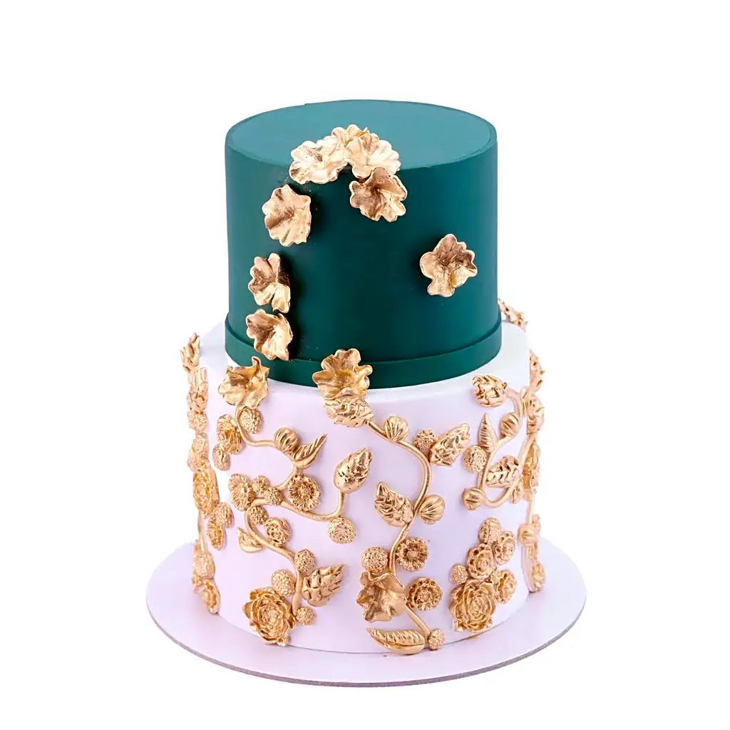 Green & Gold Flowers Wedding Cake view 1
