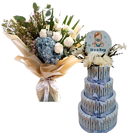 Mixed pink, white and blue roses for newborn with chocolate view 1