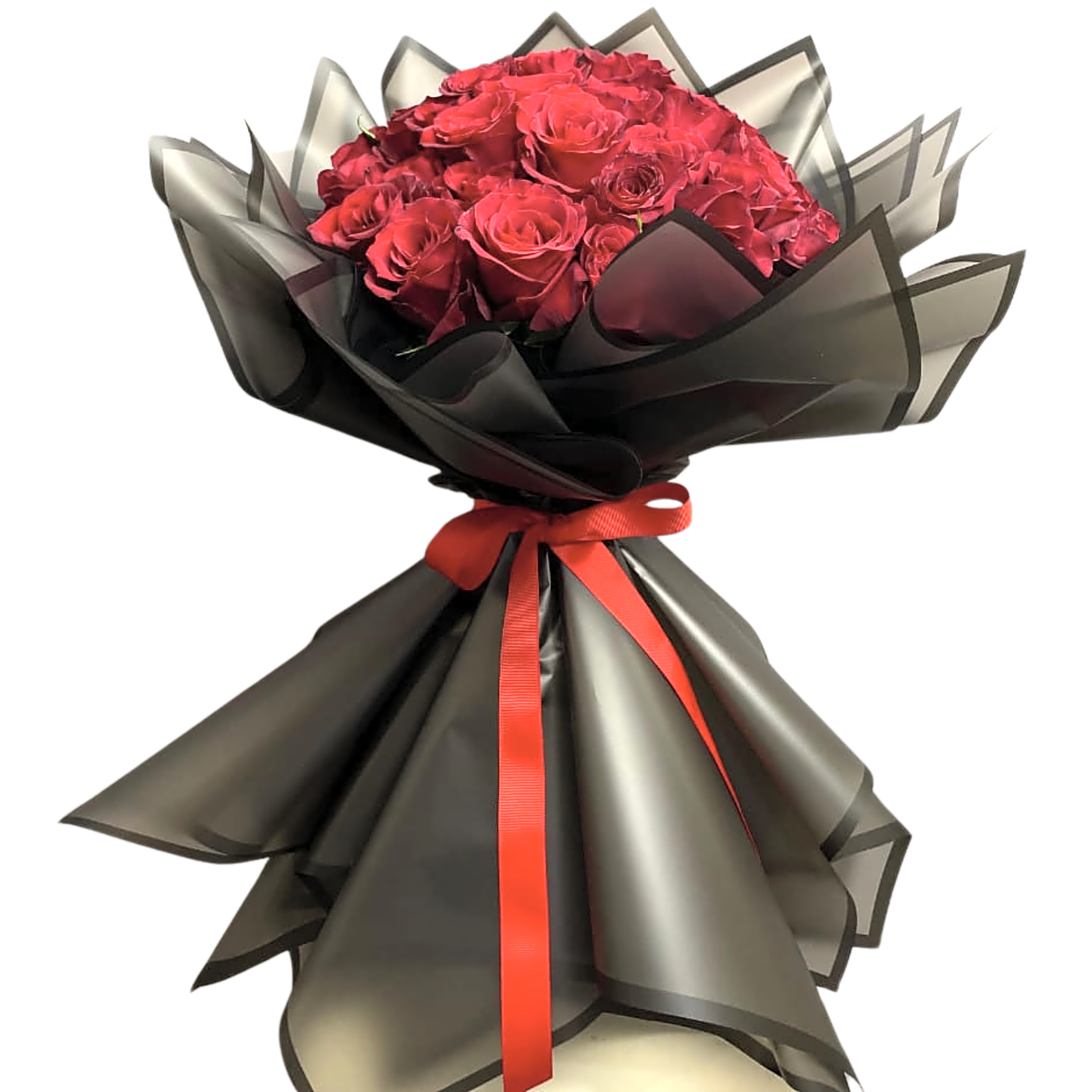 A bouquet of red roses with a black wrapper view 1