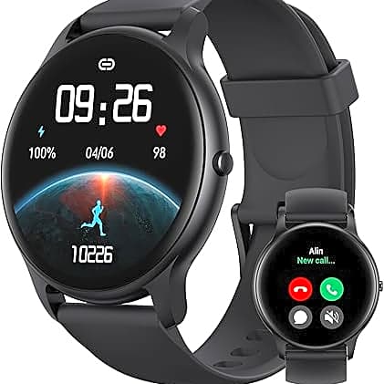 The smart watch is round, black in color view 1