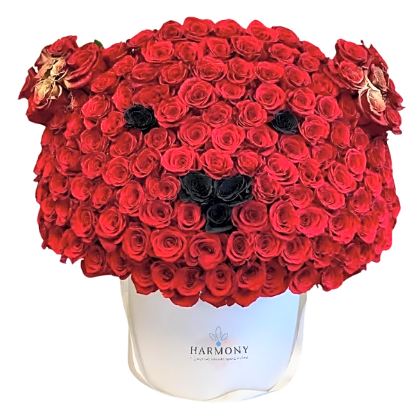 Red Bear Box of flowers view 1