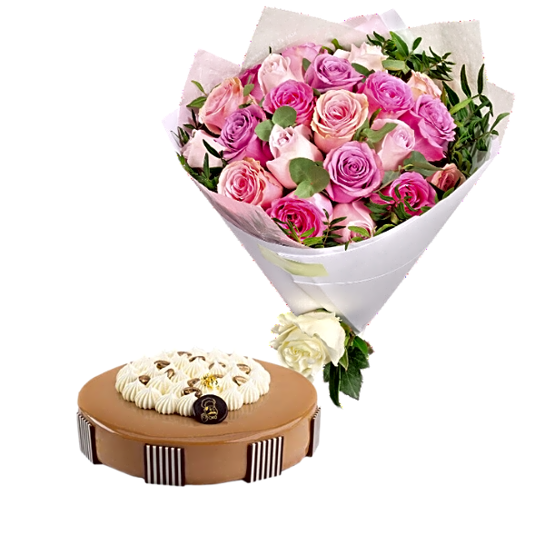 Pink Rose Bouquet with White Wrap and Cake view 1