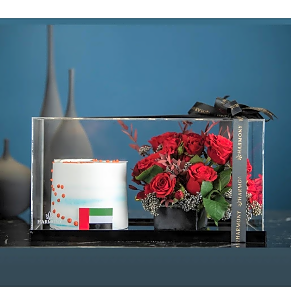 White creamy cake with Red Roses Bundle view 1