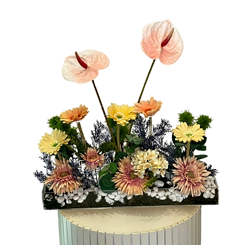 flower basket with special flowers and stones view 1