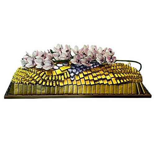 Chocolate tray with artificial flowers view 1