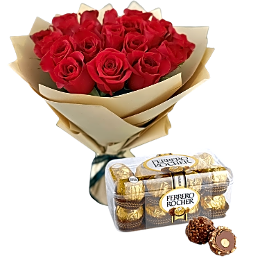 Red rose bouquet with chocolate box view 1