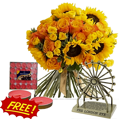 open bouquet flowing sun with souvenirs and free candle view 1