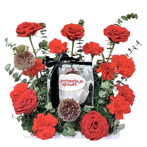 A tray of red roses with cakes view 1