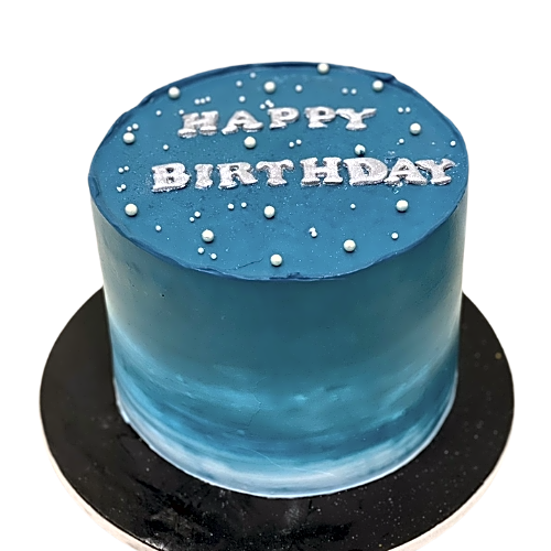 Cake decorated with white and blue cream view 1