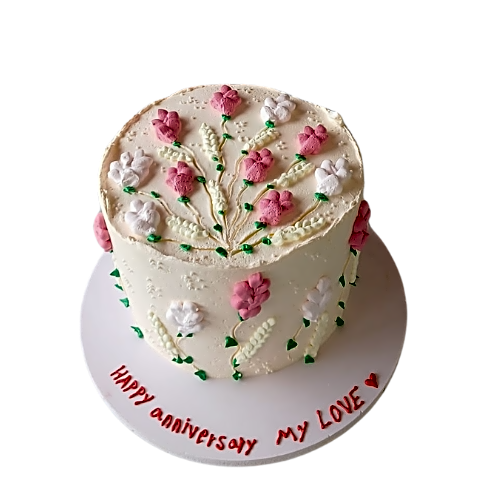 Beautiful cake decorated with white cream and pink roses view 1