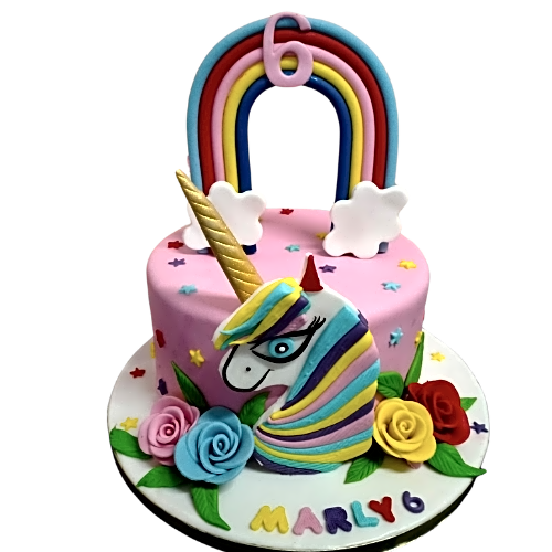 Unicorn cake with colorful roses view 1