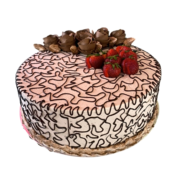 Cake with white cream and chocolate stripes view 1
