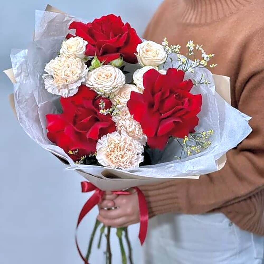 Romantic Bouquet of Red Roses and Cream Carnations view 1
