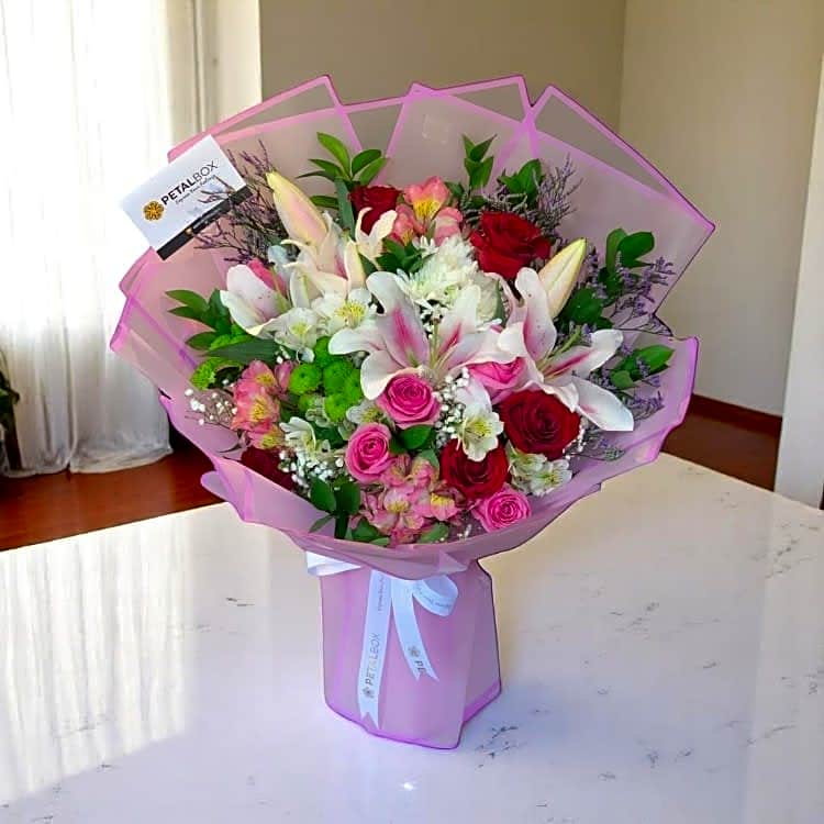 Deluxe Joyful Bouquet Roses Lilies view 1