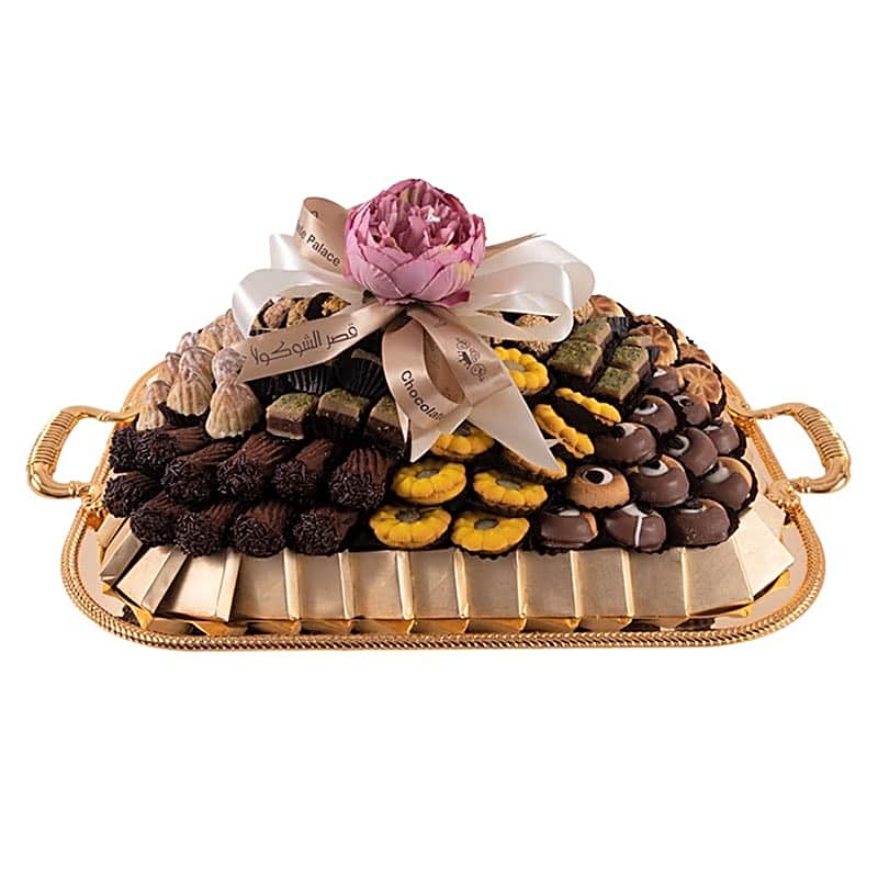 Mixed chocolate and petit four tray view 1