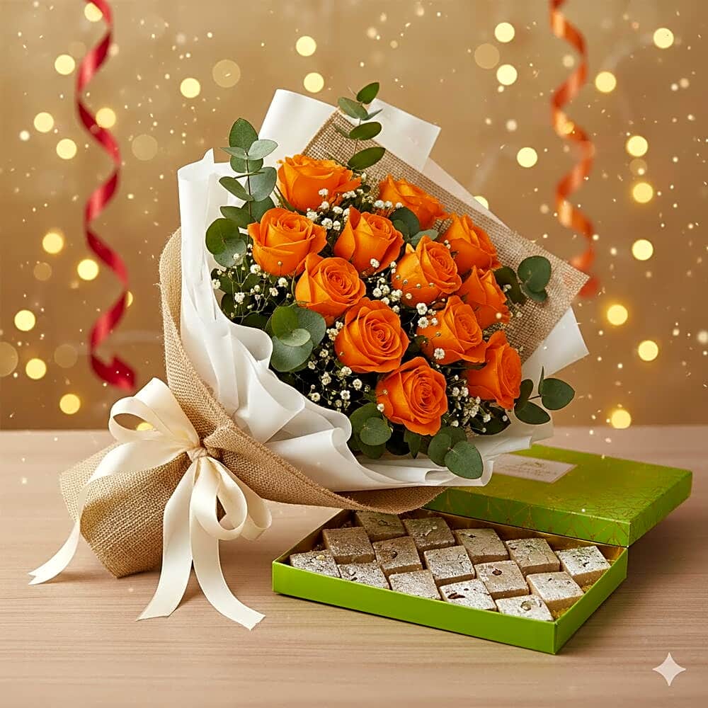 Share Joy This Diwali | Elegant Roses with Authentic Indian Sweets – Perfect for Loved Ones view 1