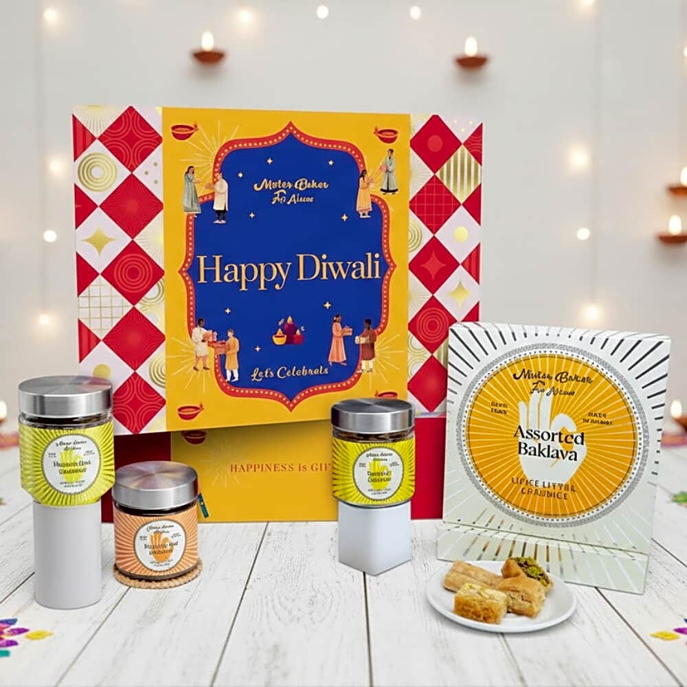 Golden Treats Diwali Hamper | Baklawa, Tandoori Cashews Wasabi Soya Cashews – Festive Crunch Flavor in Every Bite view 1