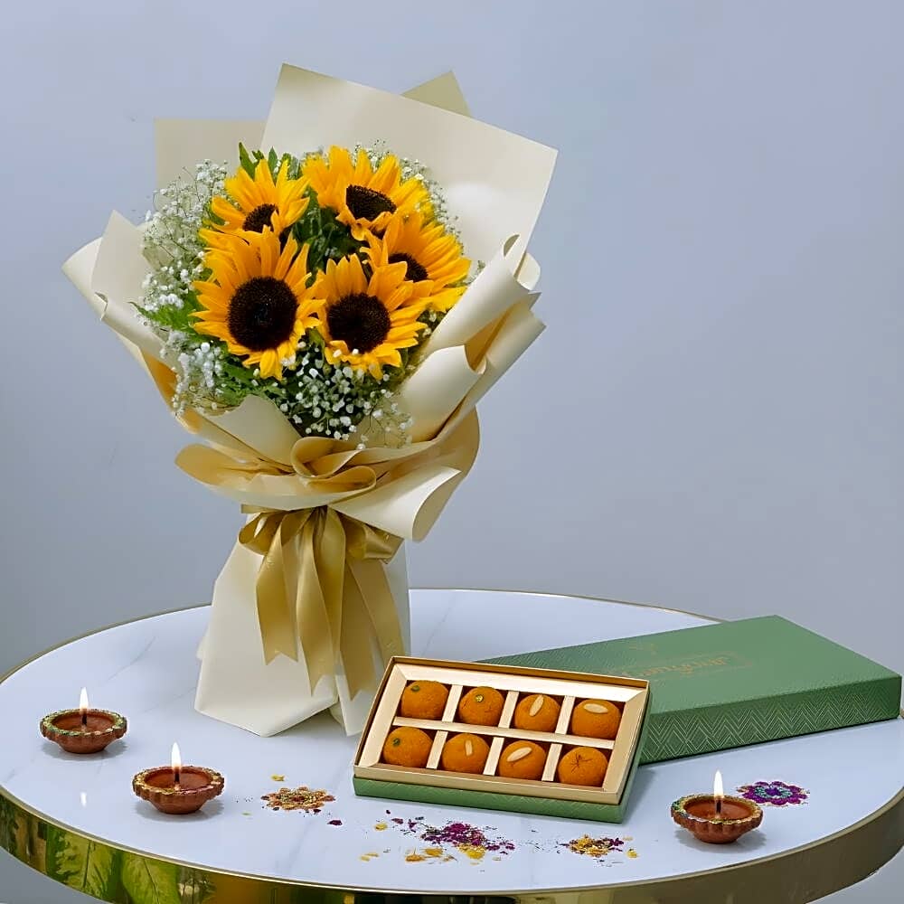 Celebrate Diwali with Warmth | 5 Sunflowers Traditional Motichur Laddus – Gift of Happiness view 1