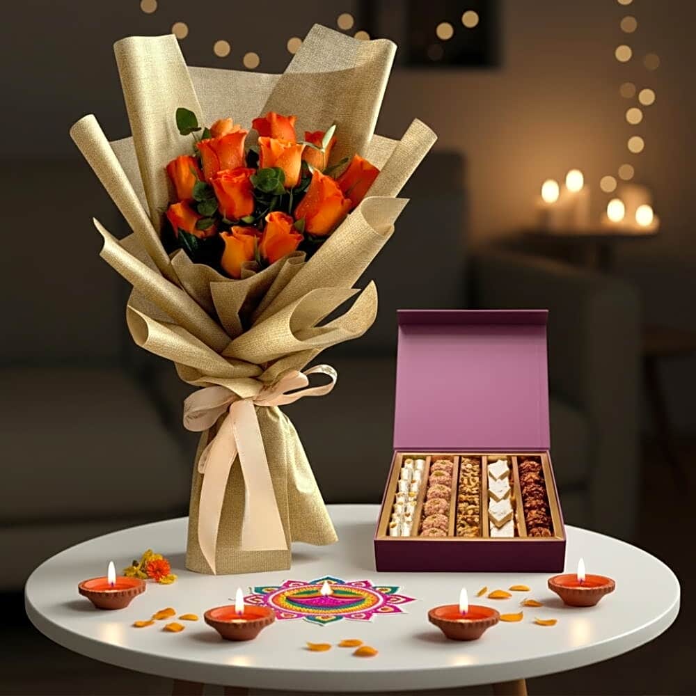 12 Orange Roses and Gangour Dry Fruits | Diwali Special view 1