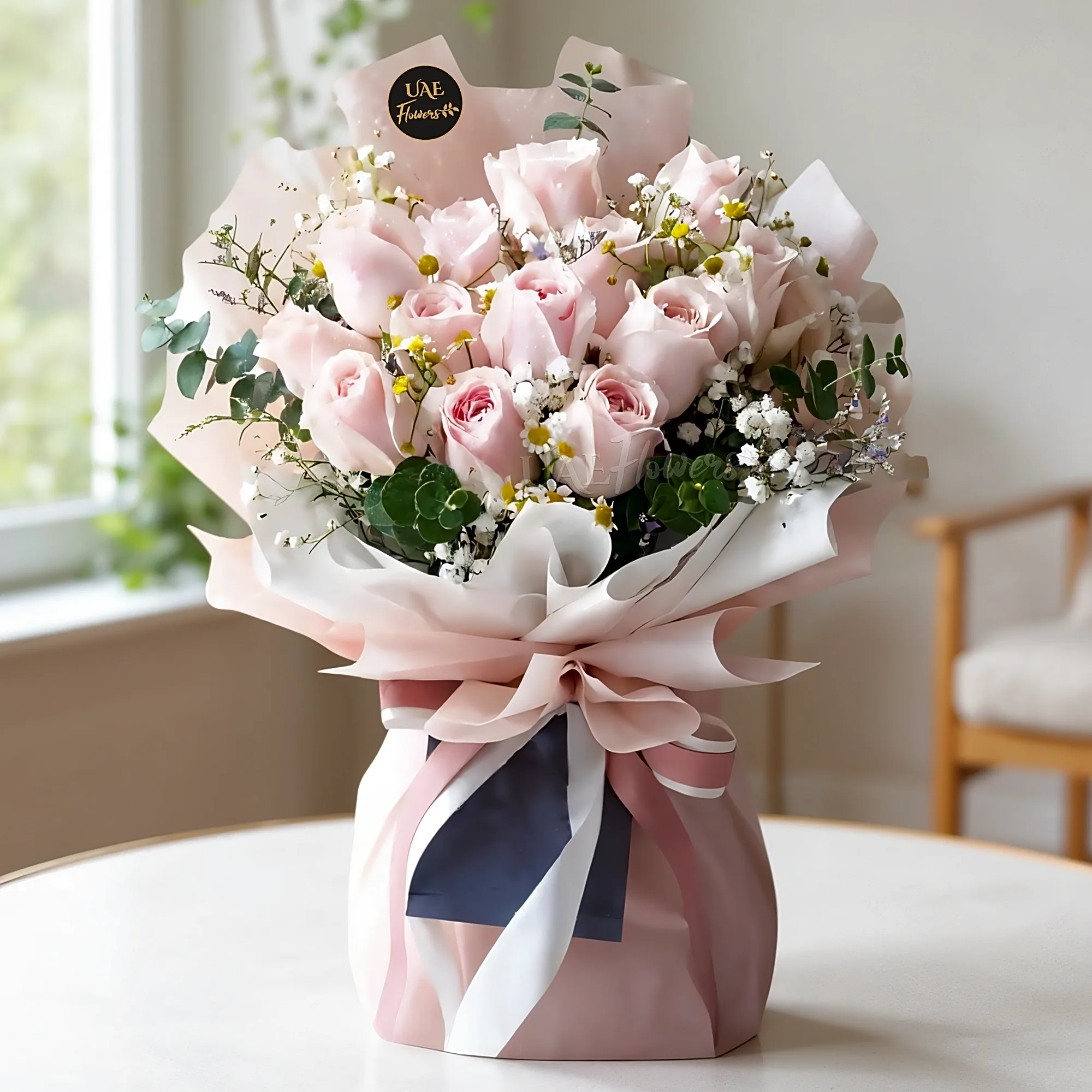 Pink rose bouquet with black ribbon view 1