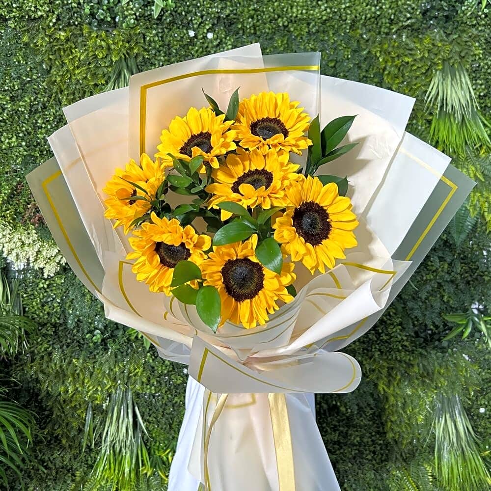 Sunflower and solidago hand bouquet view 1