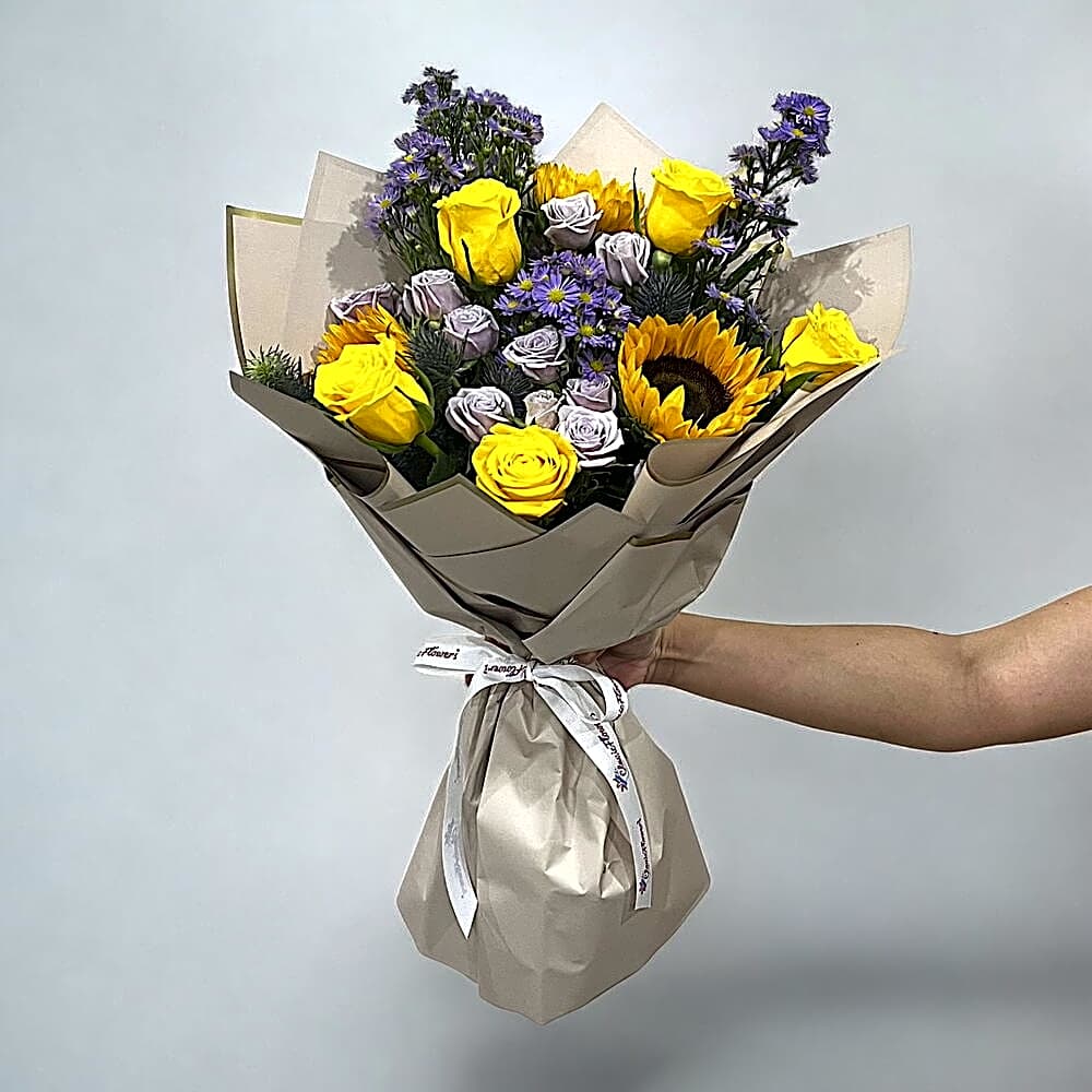 Hand Bouquet Spray Pink Yellow Purple view 1
