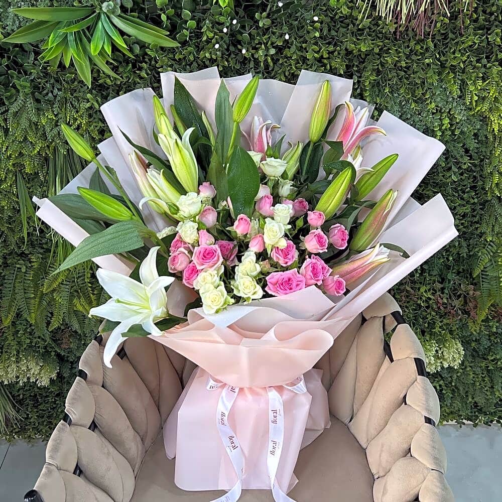 fantasy bouquet with orange ribbon view 1