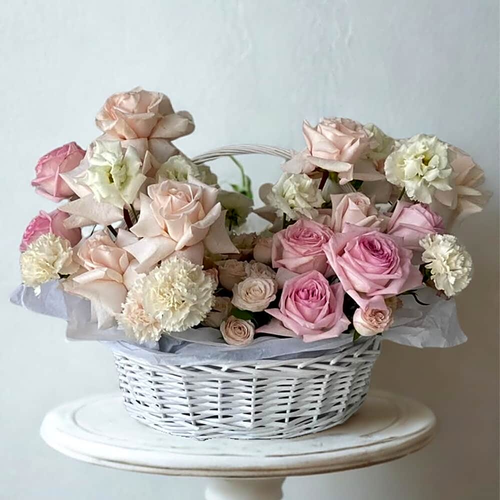 Pink basket arrangement view 1