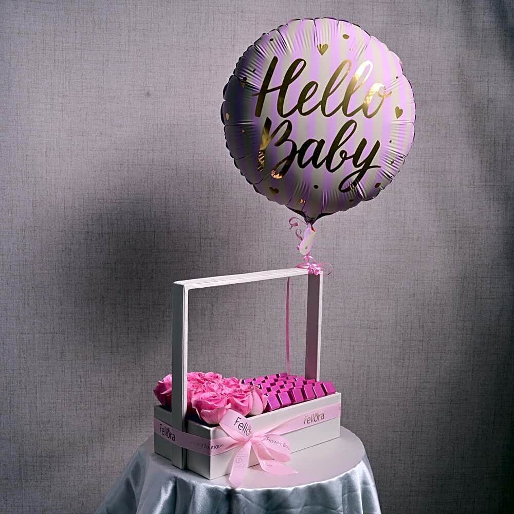 Pink Rose and Chocolate Leather Basket with Hello Baby foil balloon 6186 view 1