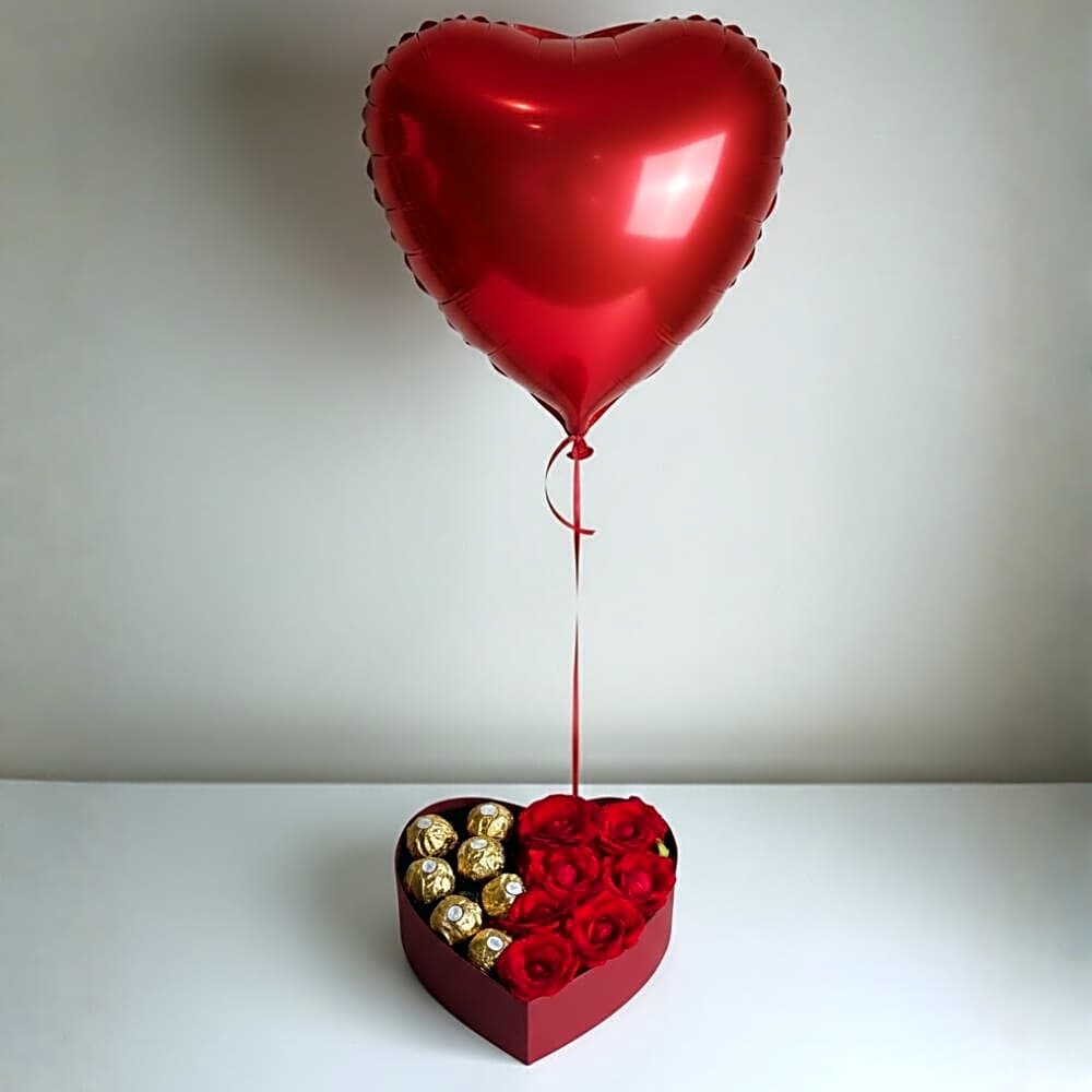Heart Box Roses Chocolates with Balloon view 1